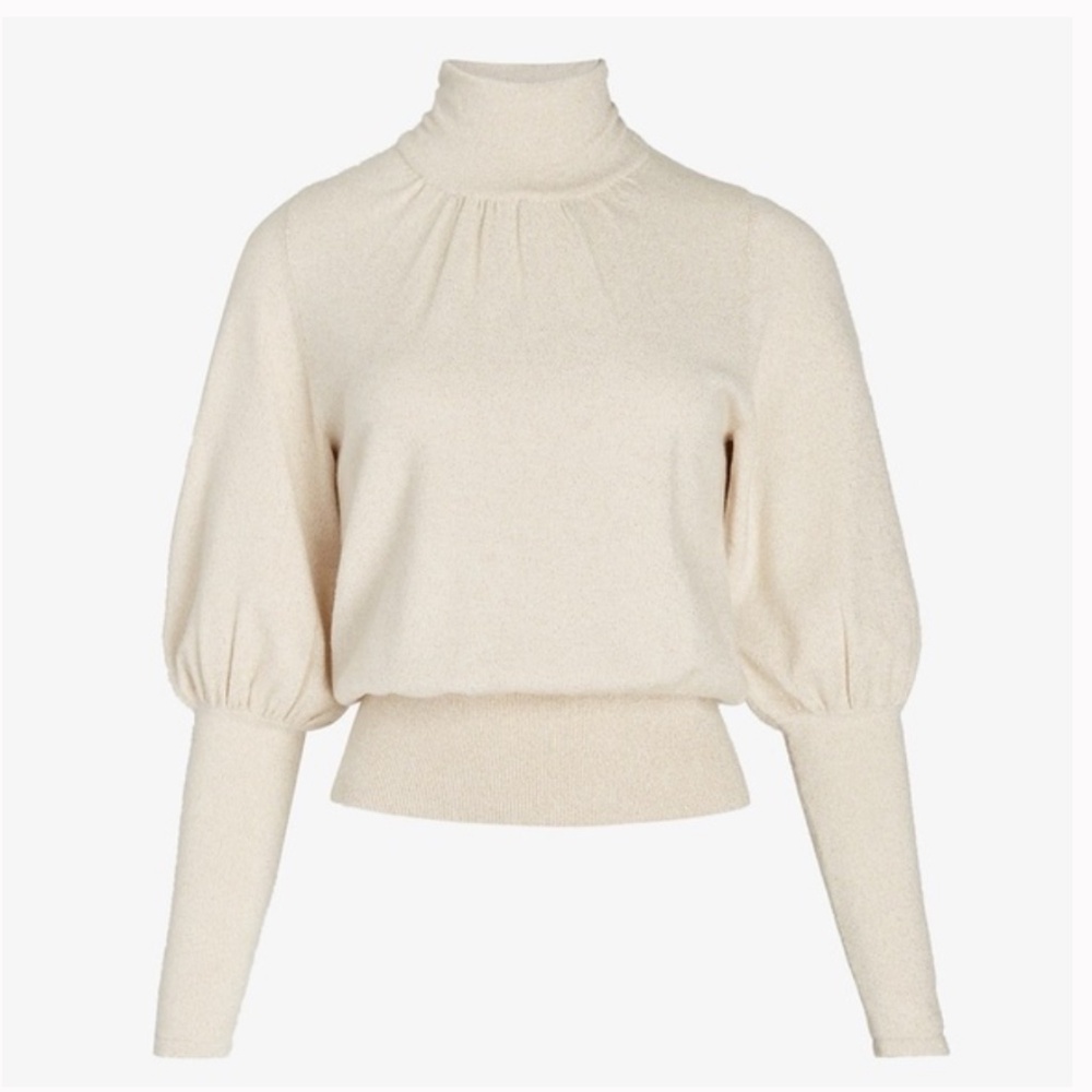 Metallic High Ribbed Blouson Sleeve Turtleneck Sweater